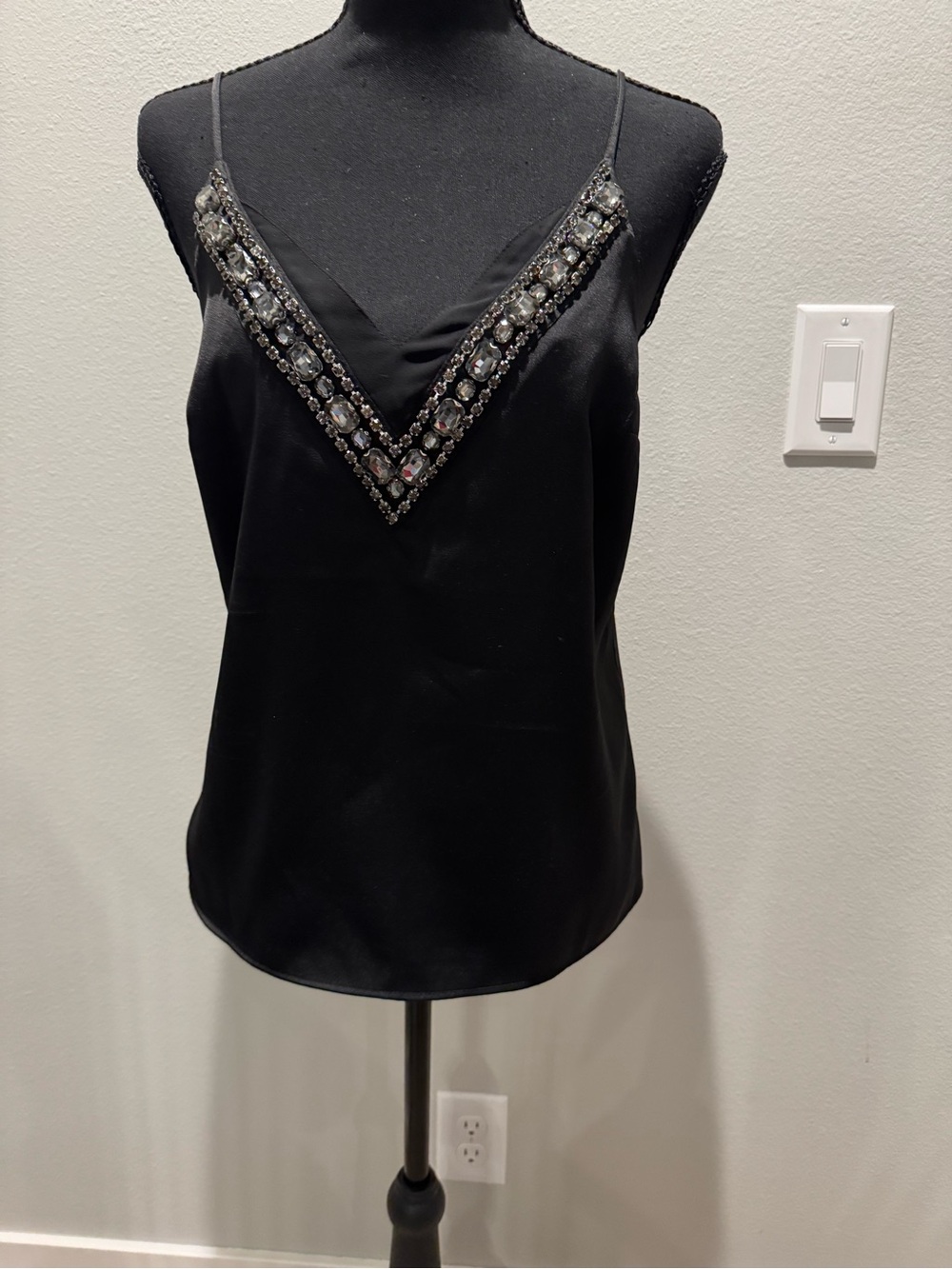 Express Size S Black Satin Rhinestone Crystal Embellished V-Neck Cami Top